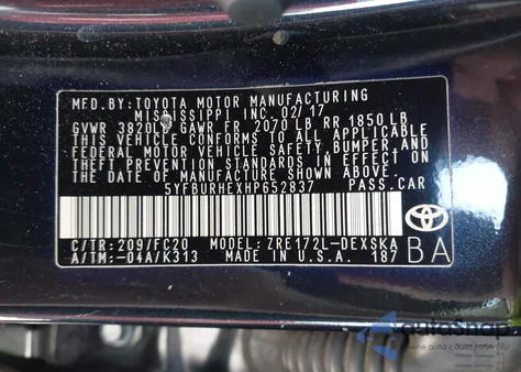2017 Toyota Corolla Se from USA, damaged, VIN 5YFBURHEXHP652837